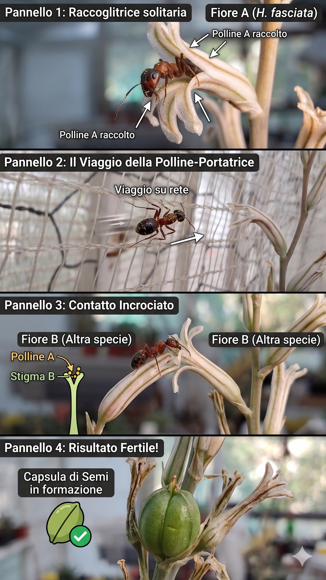 Infografica: la formica solitaria che impollina le Haworthia – 4 pannelli dal prelievo del polline alla capsula fertile